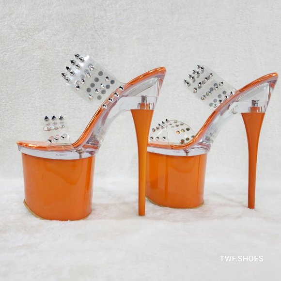 Sleek Slim 8" Towering Platform Heels Orange Double Clear Spiked Straps … - Picture 4 of 12